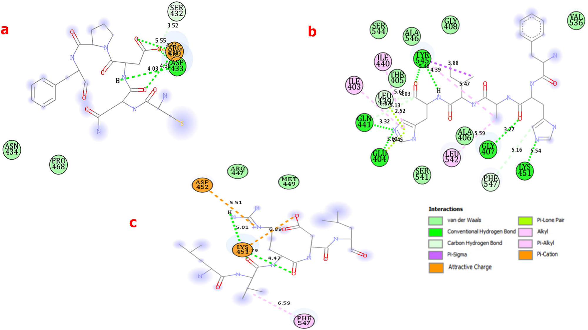 Figure 9 
                  2D diagrams indicating the chemical interactions between SARS-CoV-2 spike proteins and human HSPA8. (a) Intermolecular interactions between selected amino acid residues of the SARS-CoV-2 spike proteins in chain A (Cys136, Asn137, Asp138, Pro139, and Phe140) and human HSPA8. (b) Intermolecular interactions between selected amino acid residues of the SARS-CoV-2 spike proteins in chain B (Phe65, His66, Ala67 Ile68, and His69) and human HSPA8. (c) Intermolecular interactions between selected amino acid residues of the SARS-CoV-2 spike proteins in chain C (Leu212, Val213, Arg214, Asp215, and Leu216) and human HSPA8 [33].
               
