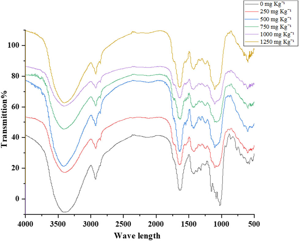Figure 4
FTIR spectra of tomato leaves at six levels of BPA: 0, 250, 500, 750, 1,000, and 1,250 mg kg−1.