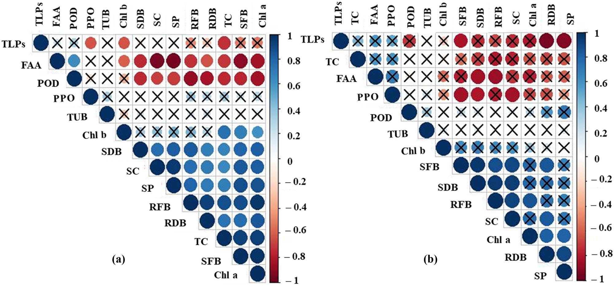 Figure 9
Pearson correlation plot among growth parameters, pigments, and osmolytes including SFB, RFB, SDB, RDB, Chl a, Chl b, TC, SC, SP, FAA as well as the relative expression of four genes PPO, POD, TLPs, and TUB in tomato leaves under different levels (mg kg−1) of (a) BPA, (b) PNP. The color bar on the right side represents the significant R values.