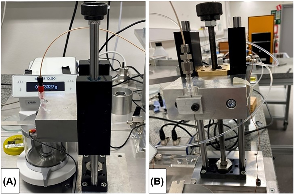 Figure 2:
Gravimetric setup at RISE.
(A) Weighing scale with beaker and closed glass draft shield (aluminium draft shield cover and grounding cable). (B) Detailed view of the traverse system (including needle holder).