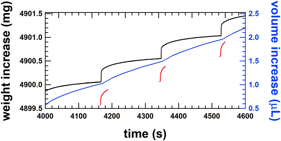 Figure 7:
Smooth step increase of the weight of single shots of the order of 500 nL at a cycle time of 3 min for a flow rate of 10 μL/h or 1.0 U/h measured by the gravimetric setup at METAS (black line), by the front track setup at IPQ (blue line) and by the front track setup at THL (red line).