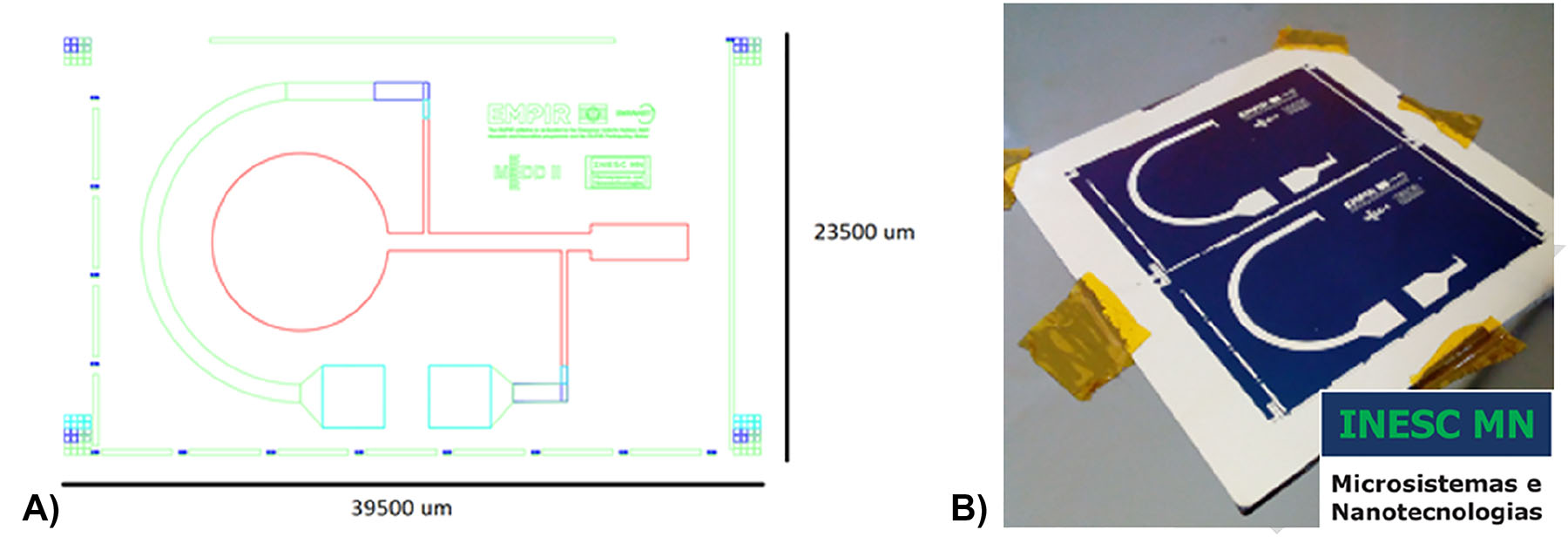 Figure 6:
Electroosmotic pump: from the design to the chip. (A) schematics of the chip with electrical contacts. green: electrical contacts Al98.5Si1.0Cu0.5 (3,000 Å); red: cellulose membrane; light blue: passivation layer (Al2O3 3,000 Å); dark blue: TiW (300 Å) + Cu (300 Å) and (B) chip with electrical contacts after microfabrication.