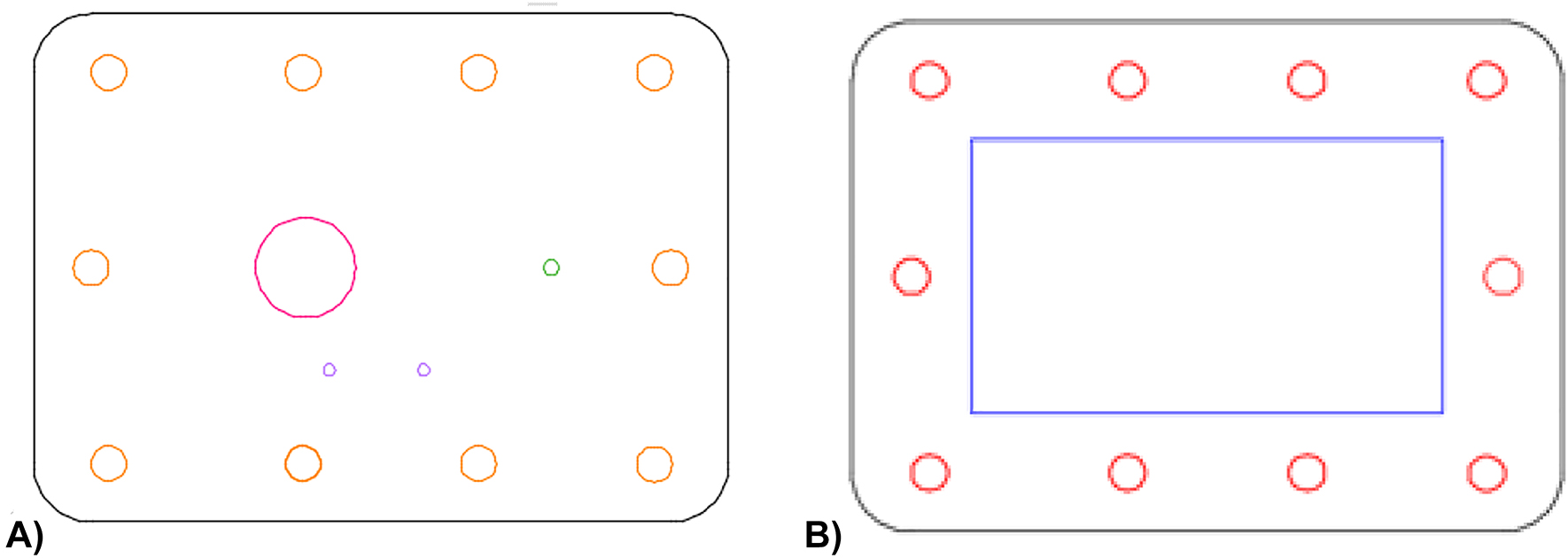 Figure 7:
Schematics of the (A) top plate and (B) bottom plate of the PMMA casing in AutoCAD for the encapsulation of the silicon substrate. The top casing presents inlets to contact the main reservoir and the electrodes of the system, an outlet, and perforations to unite the two PMMA plates. The bottom casing includes a pocket structure and perforations aligned with the ones present in the top casing.