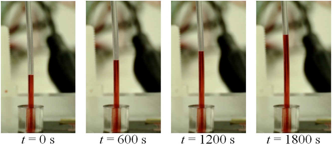 Figure 15:
Pumping results obtained with the microfluidic pump while imposing an electric field of 13.2 V mm−1 during 1,800 s. The figure shows the advancement of the fluid consequence of the electroosmosis. The temperature of the room is 22 °C.