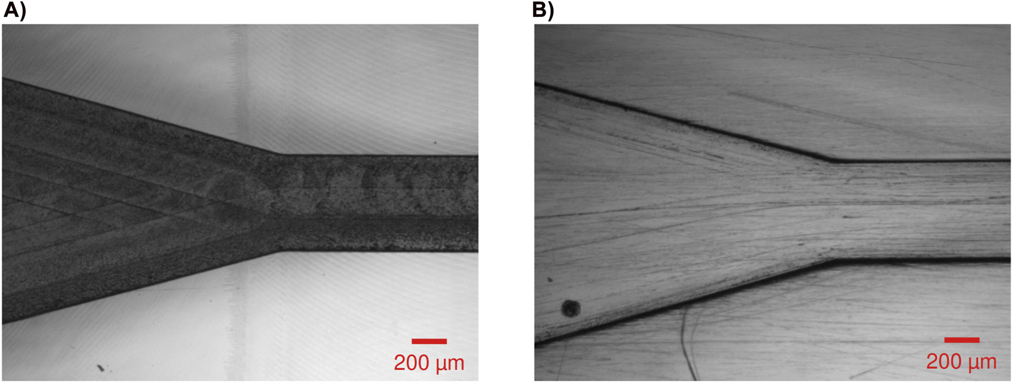 Figure 3:
The effects of surface polishing on channel visibility. A) A channel before polishing. B) The same channel after polishing (Images acquired on a lens-based microscope. The channel shown here is not the one used in our measurements).