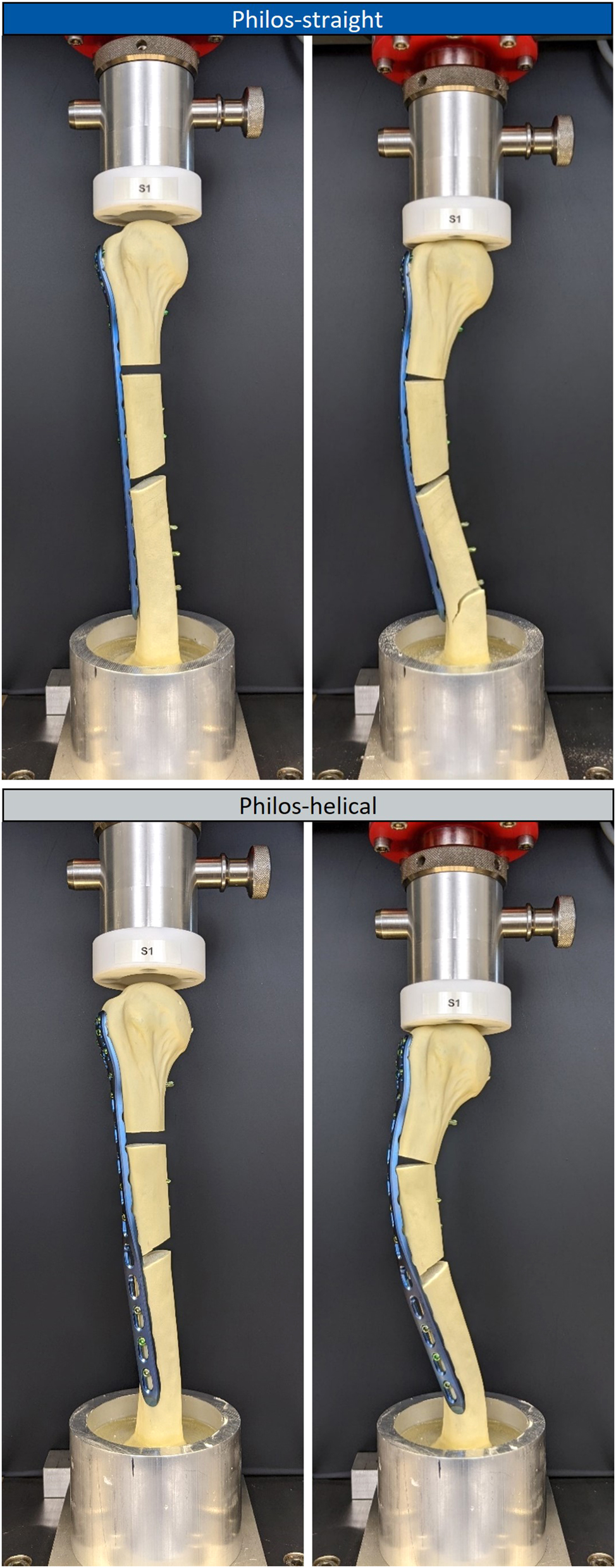 Figure 5: 
Test setup for axial static loading of the test sample group Philos-straight (top images) and Philos-helical (bottom images) in the unloaded state (left images) and the state of first failure under axial loading (right images).
