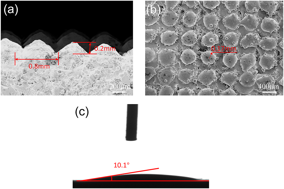 Figure 3:
Surface SEM image and contact angle of optimal microstructure parameters.