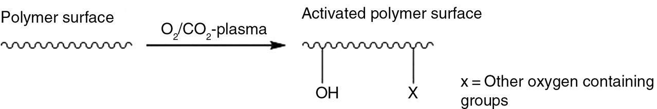 Figure 7: Surface plasma-chemical activation scheme for P(3HB) using O2 or CO2 plasma.