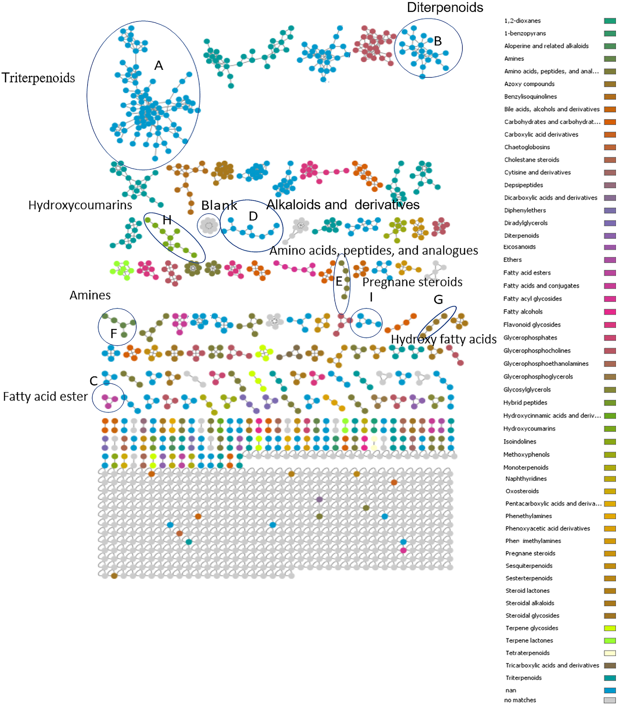 Figure 3: 
Molecular network for marine algae coloured corresponding to 28 selected chemical class terms as indicated in the legend.
