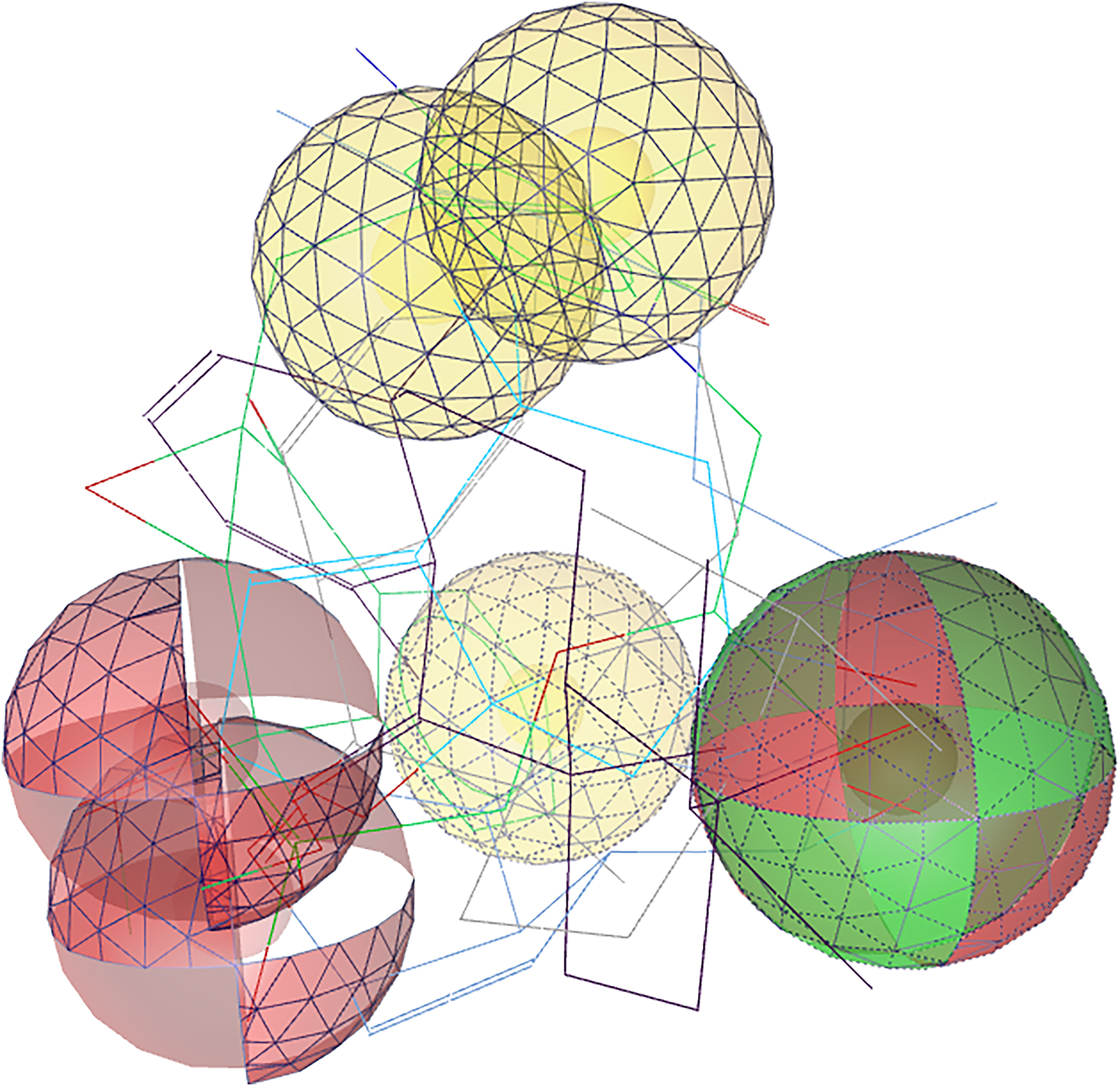 Figure 7: 
Common feature pharmacophore. Color codes are analogous with Figure 6. Red indicates hydrogen bond acceptors, green, hydrogen bond donators, and yellow, hydrogen bond interactions.
