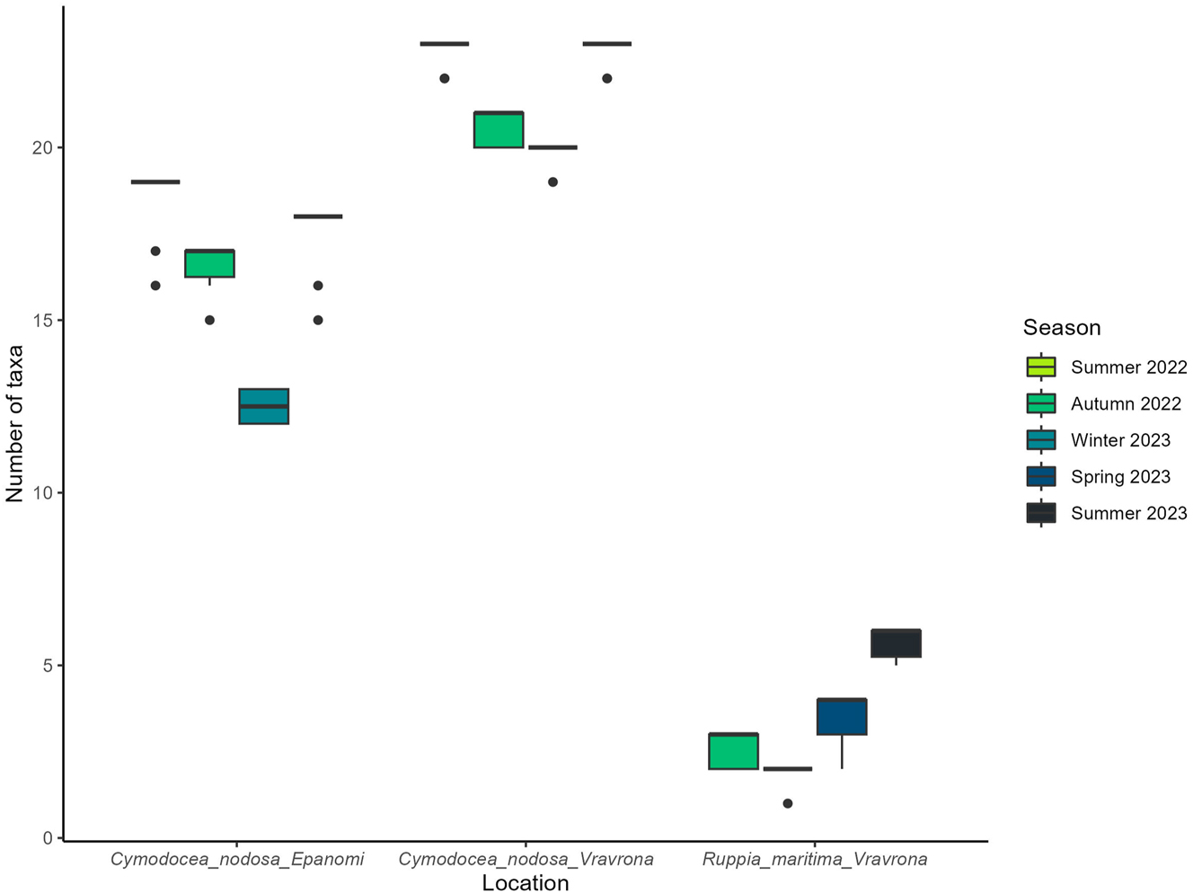 Figure 4: 
Mean number of identified macroalgal epiphytic taxa of Cymodocea nodosa and Ruppia maritima leaves in the study areas, by season. Mean values represent the number of epiphytic macroalgal taxa identified on the adult leaves studied per site and season (N = 10). Whiskers indicate the smallest and largest non-outlier values, while the box encompasses the interquartile range (IQR); black dots denote extreme observed values (outliers). C. nodosa samples began to be collected in the summer of 2022, while R. maritima sampling began in the autumn of 2022.
