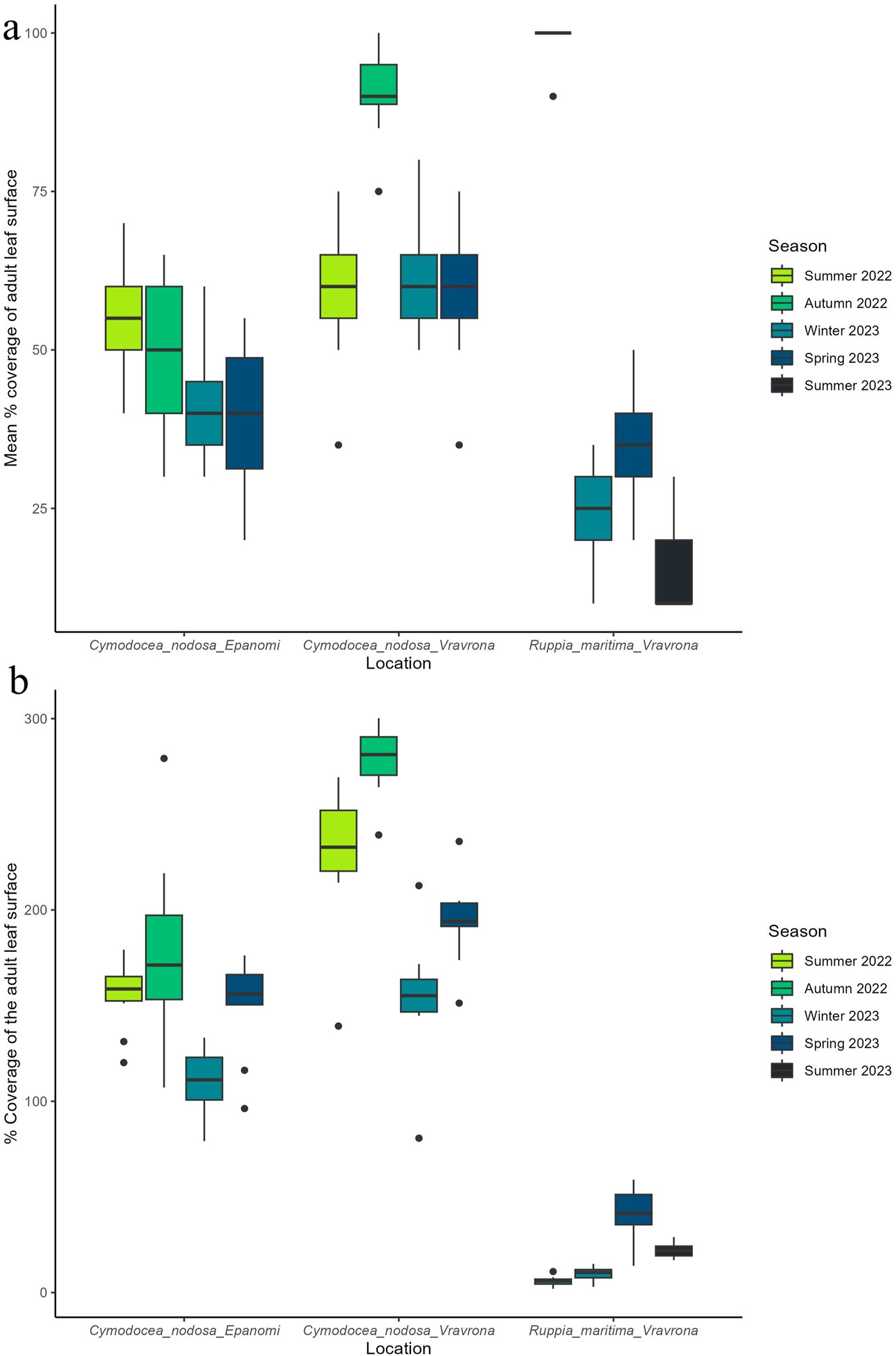 Figure 5: 
Coverage of adult leaf surface with epiphytic organisms (including microalgae, macroalgae and sedentary fauna) and total macroalgal epiphytic coverage (sum of coverage by macroalgal taxa). (a) Mean % coverage of adult leaf surface of Cymodocea nodosa and Ruppia maritima with epiphytes (including microalgae, macroalgae and sedentary fauna) in the study areas. A total of 103 adult leaves were measured for all 4 seasons from C. nodosa meadow from the Epanomi site (Winter: 26, Spring: 26, Summer: 26 and Autumn: 25), 107 adult leaves were measured for all 4 seasons from C. nodosa meadow from the Vravrona site (Winter: 26, Spring: 26, Summer: 27 and Autumn: 28), and 87 leaves were measured for all 4 seasons from R. maritima meadow from the Vravrona site (Winter: 21, Spring: 24, Summer: 21 and Autumn: 21). (b) Mean total macroalgal epiphytic coverage, expressed as % of adult leaf surface of C. nodosa and R. maritima in the study areas, by season. This figure concerns only macroalgal taxa. The total macroalgal epiphytic coverage was calculated from 10 randomly selected adult leaves from each seagrass, site and season. Whiskers indicate the smallest and largest non-outlier values, while the box encompasses the interquartile range (IQR); black dots denote extreme observed values (outliers). C. nodosa samples began to be collected in the summer of 2022, while R. maritima sampling began in the autumn of 2022.
