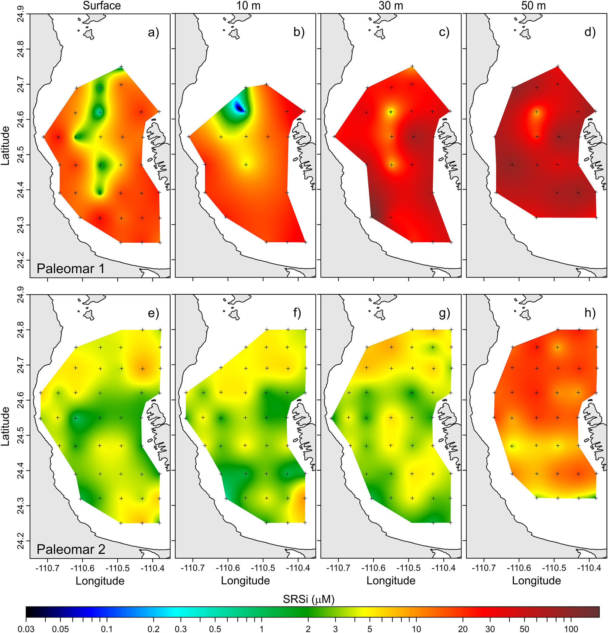 Figure 8: 
Horizontal distribution of soluble reactive Si (µM) at different depths: (a–d) Paleomar-1 cruise; (e–h) Paleomar-2 cruise.
