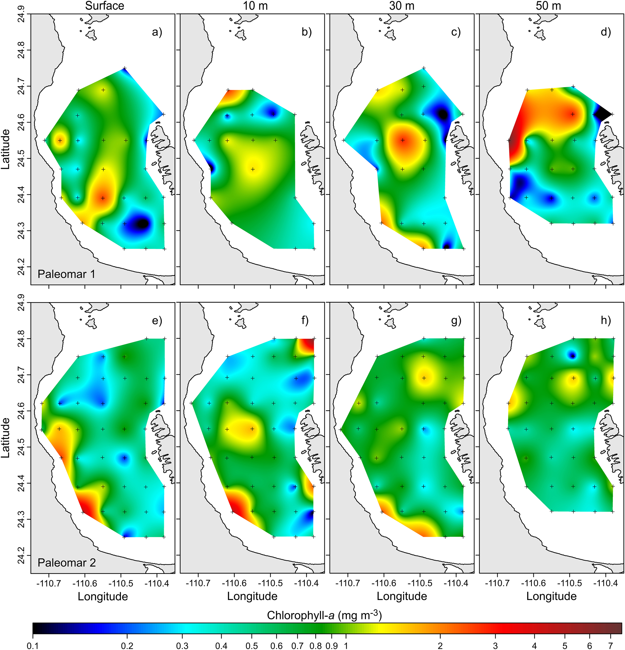 Figure 9: 
Horizontal distribution of Chl-a (mg m−3) levels at different depths: (a–d) Paleomar-1 cruise; (e–f) Paleomar-2 cruise.
