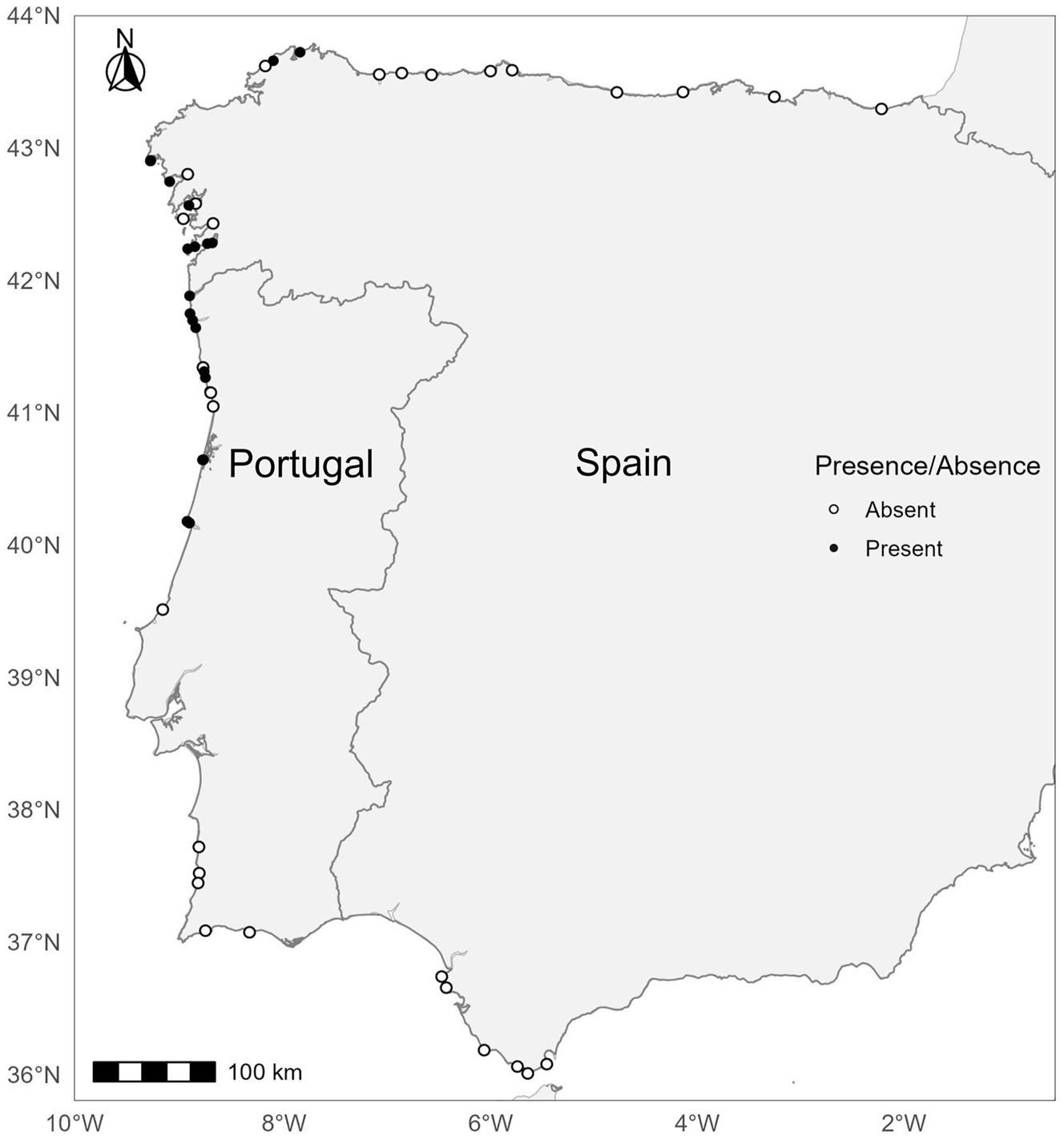 Figure 2: 
2024 survey of Undaria pinnatifida in the Iberian Península. Black circles indicate presence, while white circles indicate absence.
