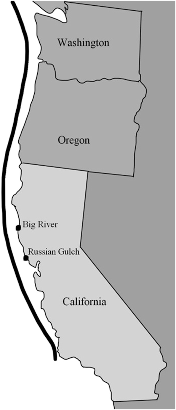 Figure 1: 
Bull kelp field collection sites. Vegetative sporophyte blades (n = 5) were collected from two field sites: northern site = Big River Beach, Mendocino County, CA (USA) and southern site = Russian Gulch State Beach, Sonoma County, CA (USA), denoted by a black dot. The black line represents bull kelp distribution along the western Pacific coast extending up into the Aleutian Islands.
