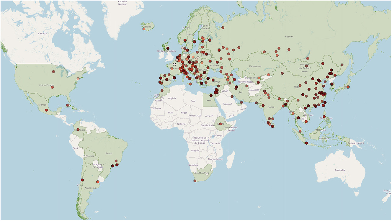 Figure 1:
Prismatic Jane Eyre: the General Map, zoomed out to provide a snapshot of the global distribution of Jane Eyre translations. Created by Giovanni Pietro Vitali. © OpenStreetMap contributors. https://prismaticjaneeyre.org/maps/.