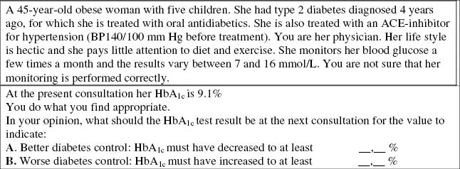 Figure 1: Example of a case history presented to general practitioners in six countries [8], eliciting information on the reference change value of HbA1c in follow-up of a diabetes patient.