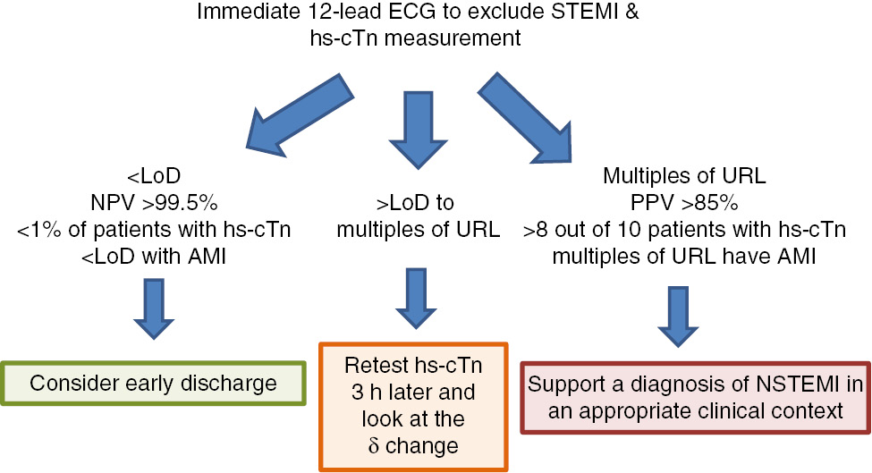 Figure 1: Decisional tree for optimal use of highly sensitive cardiac troponin assays in patients admitted to the emergency department with suspected acute myocardial infarction.
ECG, electrocardiogram; STEMI, ST-elevation myocardial infarction; hs-cTn, highly sensitive cardiac troponin assay; LoD, limit of detection of hs-cTn assay (i.e. the lowest amount of troponin in a biological sample that can be detected by the assay); NPV, negative predictive value; AMI, acute myocardial infarction; URL, upper reference limit defined at the 99th percentile of reference value distribution; PPV, positive predictive value; NSTEMI, non-ST-segment elevation myocardial infarction.
