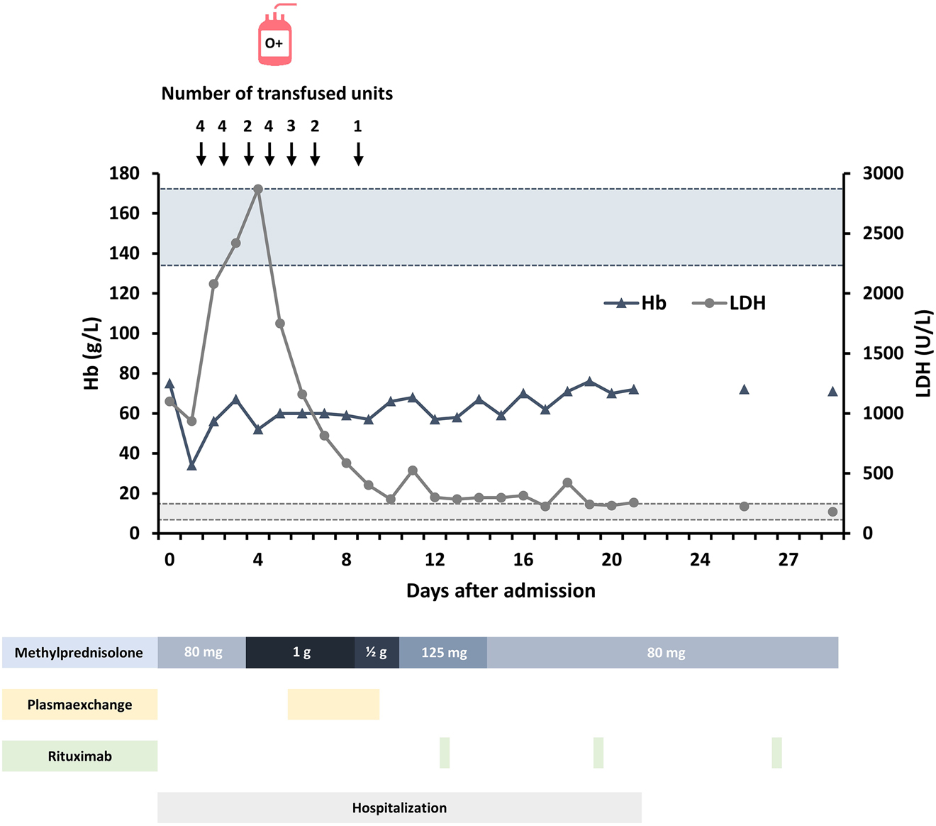 Figure 1:
Evolution of hemoglobin (Hb, solid blue line with triangle markers, reference ranges with dashed blue lines) and lactate dehydrogenase (LHD, solid grey line with circular markers, reference ranges with dashed grey lines), and their response to treatment, during the course of disease. The X-axis represents the number of days following hospital admission. The Y-axes represent Hb (g/L) and LDH (U/L) concentrations. The black arrows illustrate the number of transfused red blood cell (RBC) units. Methylprednisolone (dosage scheme included), plasmaexchange and rituximab are shown in blue, orange and green, respectively. The hospitalization period is in grey.