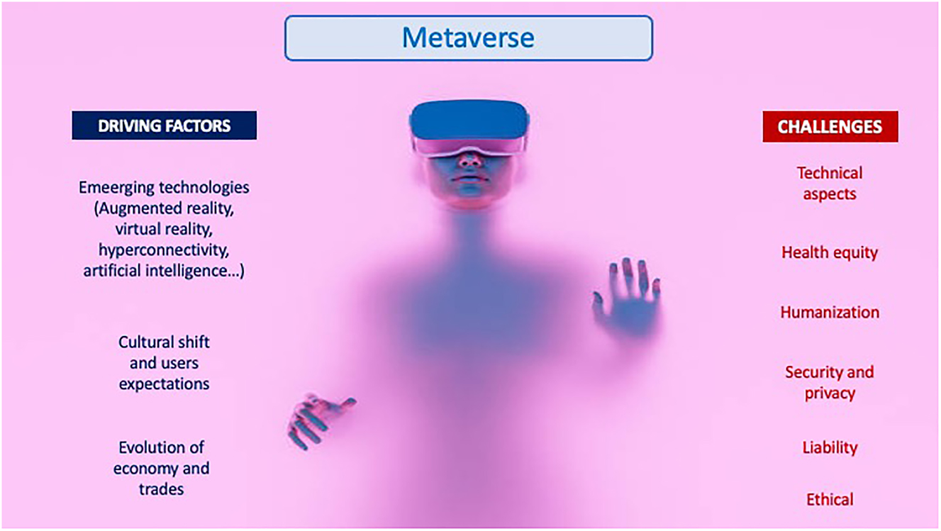 Figure 2:
The driving factors and challenges around the metaverse (background image from https://www.istockphoto.com/fr/photo/personnage-avec-lunettes-vr-immerg%C3%A9es-dans-un-liquide-diffus-r%C3%A9tro%C3%A9clair%C3%A9-gm1388545145446153881?irgwc=1&cid=IS&utm_medium=affiliate&utm_source=Eezy%2C+LLC&clickid=04uW6oRm7xyNTgqSFxTpAxaAUkAwqDWG23r9100&utm_term=www.vecteezy.com&utm_campaign=SRP&utm_content=1141987&irpid=38919).