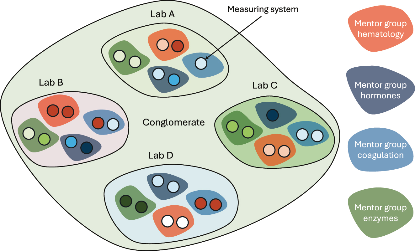 Figure 4: 
Task structure of laboratories serving a healthcare system. Four laboratories, A to D, and at least four mentor groups are illustrated here. The mentor groups are tasked with fulfilling the overall APS across the laboratories.