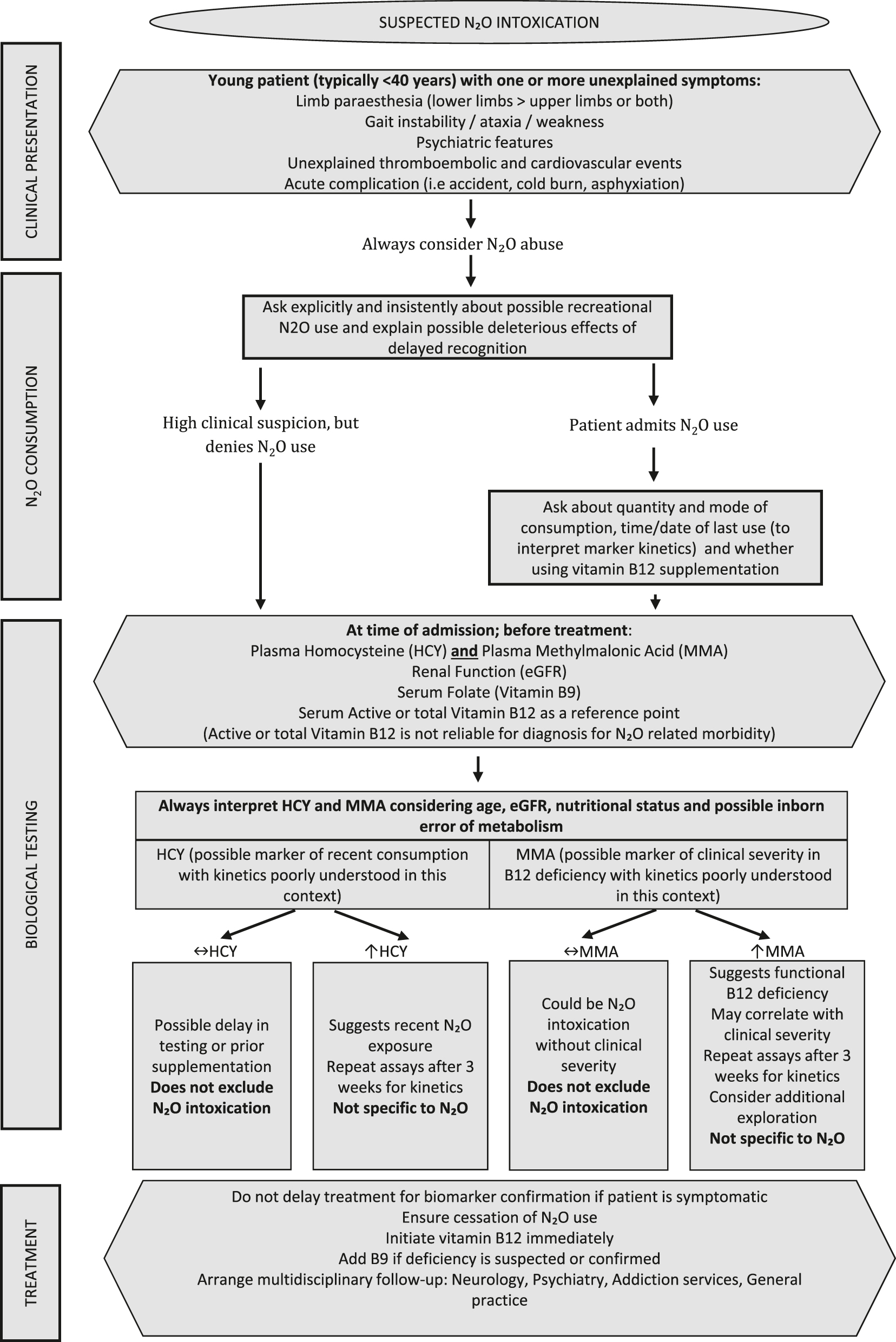 Figure 1: 
Algorithm for the clinical and biological management of suspected nitrous oxide intoxication. This flowchart summarizes the proposed multidisciplinary approach to suspected nitrous oxide intoxication. It emphasizes early clinical suspicion, immediate biomarker testing (homocysteine, methylmalonic acid, total vitamin B12, and serum active vitamin B12 [holotranscobalamin]) and folate, prompt initiation of vitamin B12 supplementation in symptomatic patients, and structured follow-up involving addiction care and laboratory reassessment. Interdisciplinary coordination is encouraged through expert networks such as PROTOSIDE.
