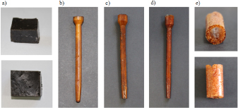 Figure 1 Different samples of SPION-polyurethane-elastomers. a) Polyurethane with nanoparticle powder from Sigma Aldrich. b)-d) Polyurethane with concentrated SPIONs. Disposable pipettes were used as forms. e) Polyurethane with concentrated SPIONs. Here, a self-designed POM mold was used as a form.
