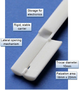 Figure 1 A prototypical version of the laparoscopic instrument was laser sintered in polyamide (PA). It provides storage for the electronic parts of the sensor, e.g. the wires, a rigid carrier for the sensory unit and a laterall opening mechanism for enlargement of the palaption area despite the size restrictions of the trocar.