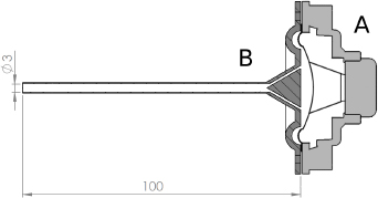 Figure 1 Cross section of the acoustic excitation device consisting of speaker (A) and waveguide (B).