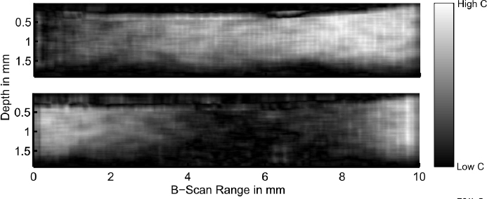 Figure 6 Spatial distribution of 2-D cross correlation coefficient between the phase distribution and a kernel consisting of the reference signal.