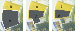 Figure 2 From left to right: Region B has moved. A is the segmentation of region B in the previous frame. Since B has moved, parts of A and B intersect. Shrinking removes the overlapping part of A outside B until region A has been shrunk to the new boundaries of B and must now be grown until B is fully segmented. Images used with permission.