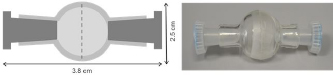 Figure 1 Modified vitreous model (VM): schematic view (left) and image of VM with two vents to inject (right).