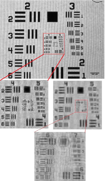 Figure 2 Hologram of USAF resolution test chart (top), the chosen region of interest (middle row left), the ROI after reconstruction (middle row right), and zoom of the red marked part of ROI (bottom).