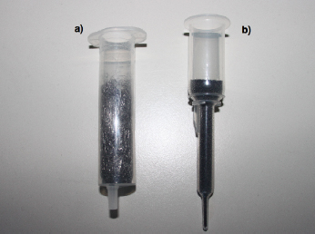 Figure 2 a) Recreated separation column made from a plastic syringe and untreated steel wool. b) LD-Column by Miltenyi Biotec.