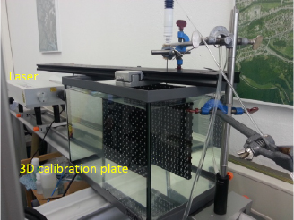 Figure 4 3D calibration plate in the water basin during calibration used for 4 mm thick illumination volume.