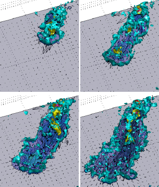 Figure 5 Time series of velocity vectors and velocity isosurfaces (cyan 0.1 m/s, yellow 0.6 m/s, magenta 0.8 m/s, red 1.0 m/s). Upper left: 0.05 s after injection, upper right: 0.10 s after injection, lower left: 0.15 s after injection, lower right: 0.20 s after injection.