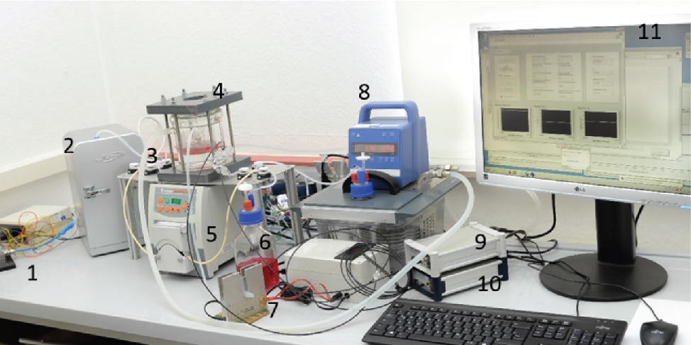 Figure 2 Photograph of the complete bioreactor system during a cultivation of populated scaffolds. Following components are contained: 1. Mass flow controller for gassing, 2. Refrigerator with fresh medium reservoir, 3. 6 Pinch valves for the media flow regulation, 4. Glass vessel bioreactor, 5. Peristaltic pump, 6. Bottle for medium waste, 7. Heating unit for exhaust gas filter, 8. Water bath with glass bottle for medium preheating, 9. & 10. Fibre optic transmitters for O2 and pH measurement, 11. Control PC.