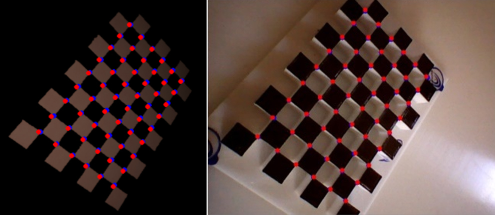 Figure 4: Pointer tip positions re-projected on the images of virtual camera (left, image cropped) and VGA camera (right). 3D coordinates re-projected (red) and ground truth (blue).
