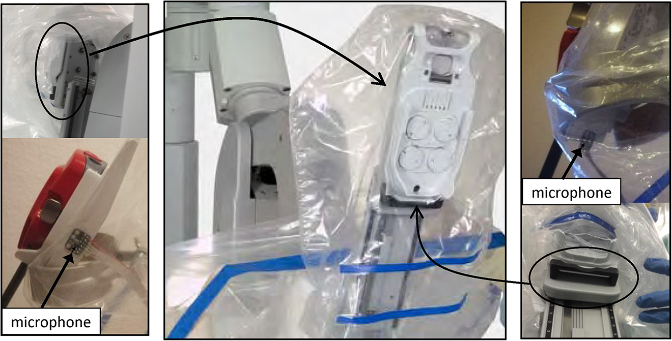 Figure 1: Potential locations for sensor placement identified on the sterile adapter. Left: lateral adapter frame and microphone position, middle: adapter frontal view, right: lower adapter edge and microphone position.