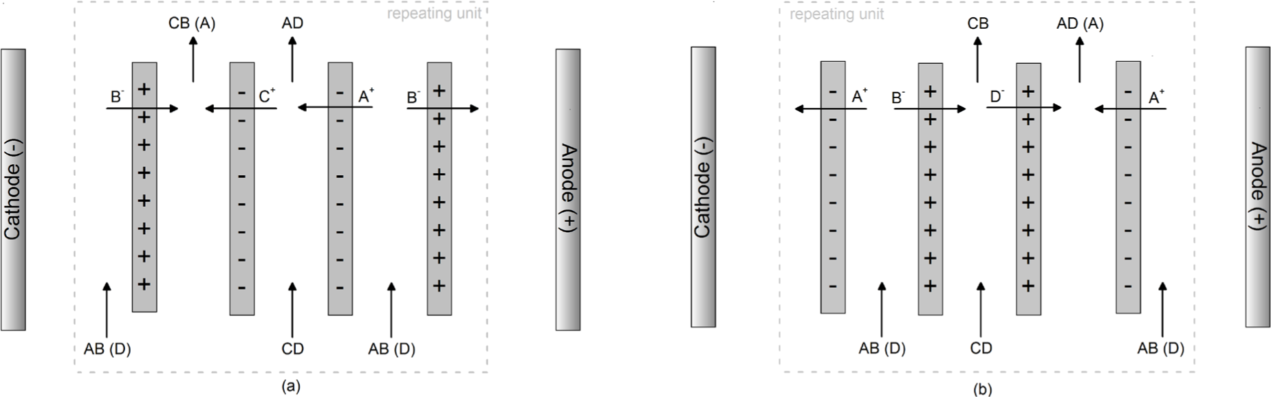 Figure 5 Schematic representation of two possible configurations of ion substitution electrodialysis. A-acceptor solution, D – donor solution.