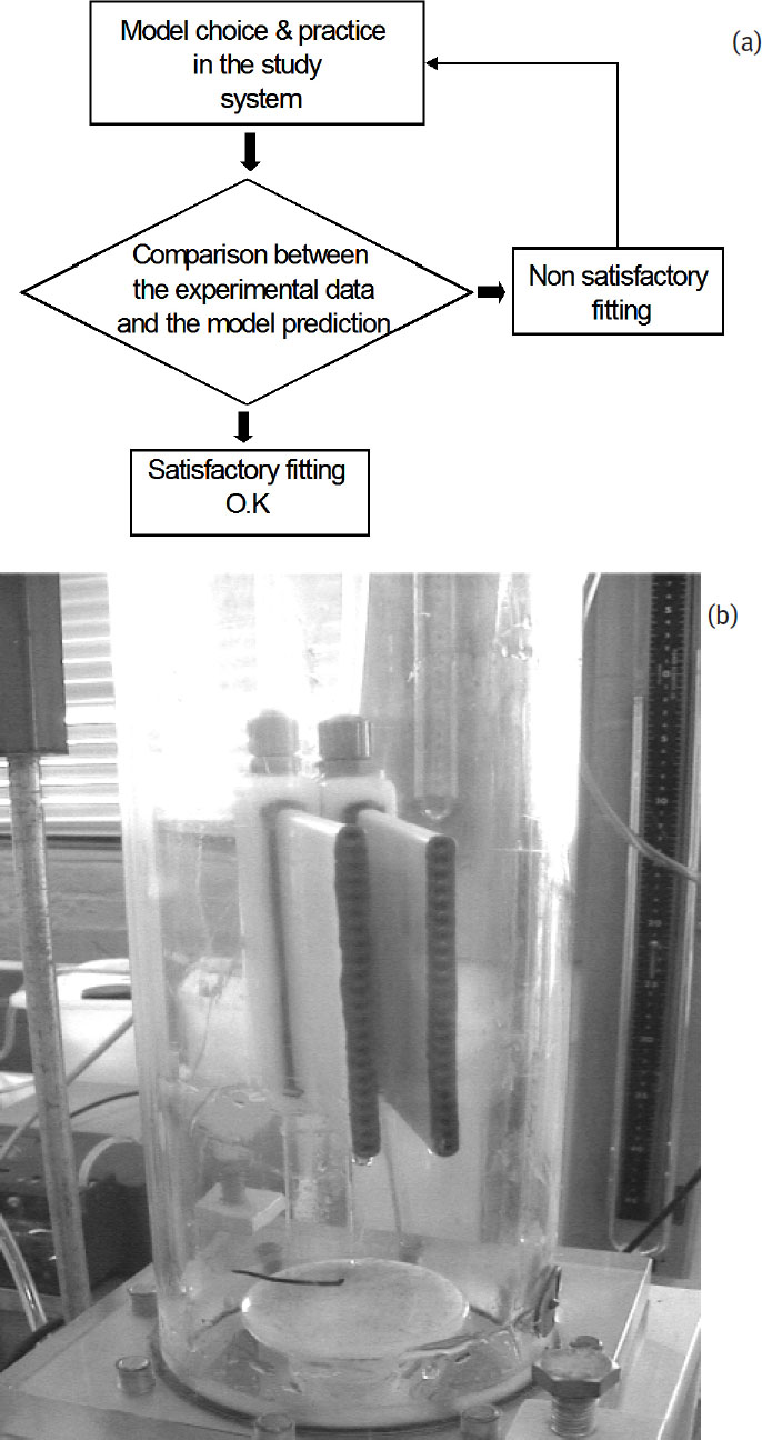 Figure 3 (a) Characterization of flow patterns in the flotationmembrane hybrid system: logic of RTD measurements. (b) A closeview photograph of the hybrid cell.