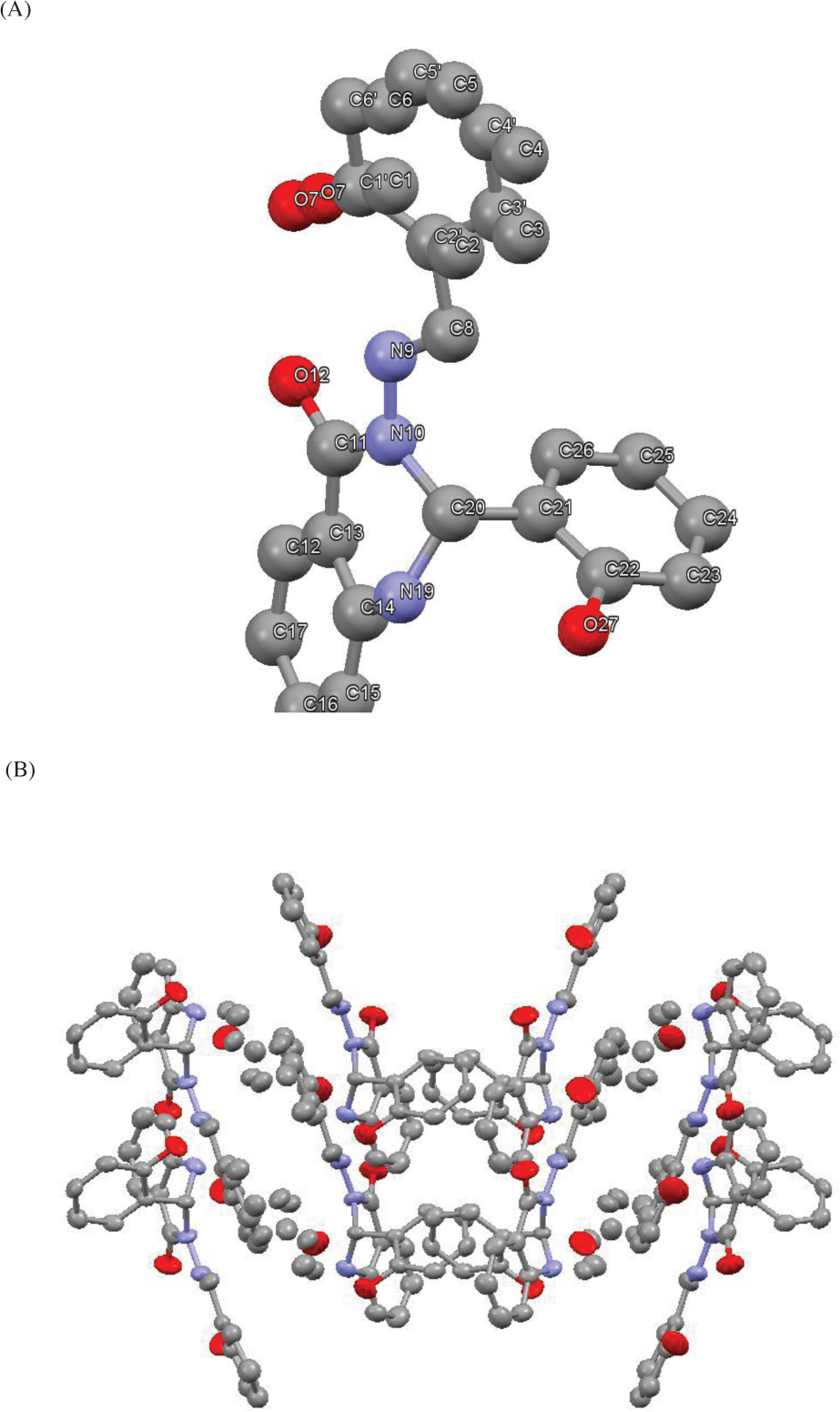Figure 2 (A) Molecular structure of H-HHAQ. Thermal ellipsoids are shown at 50% probability, and (B) Crystal packing diagram of H-HHAQ. H atoms are omitted for reasons of clarity for both (A) and (B).