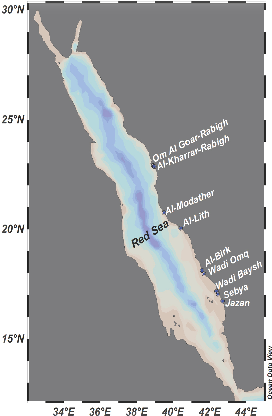 Figure 1 The map of the nine sampling locations of mangrove swamps along the Red Sea.