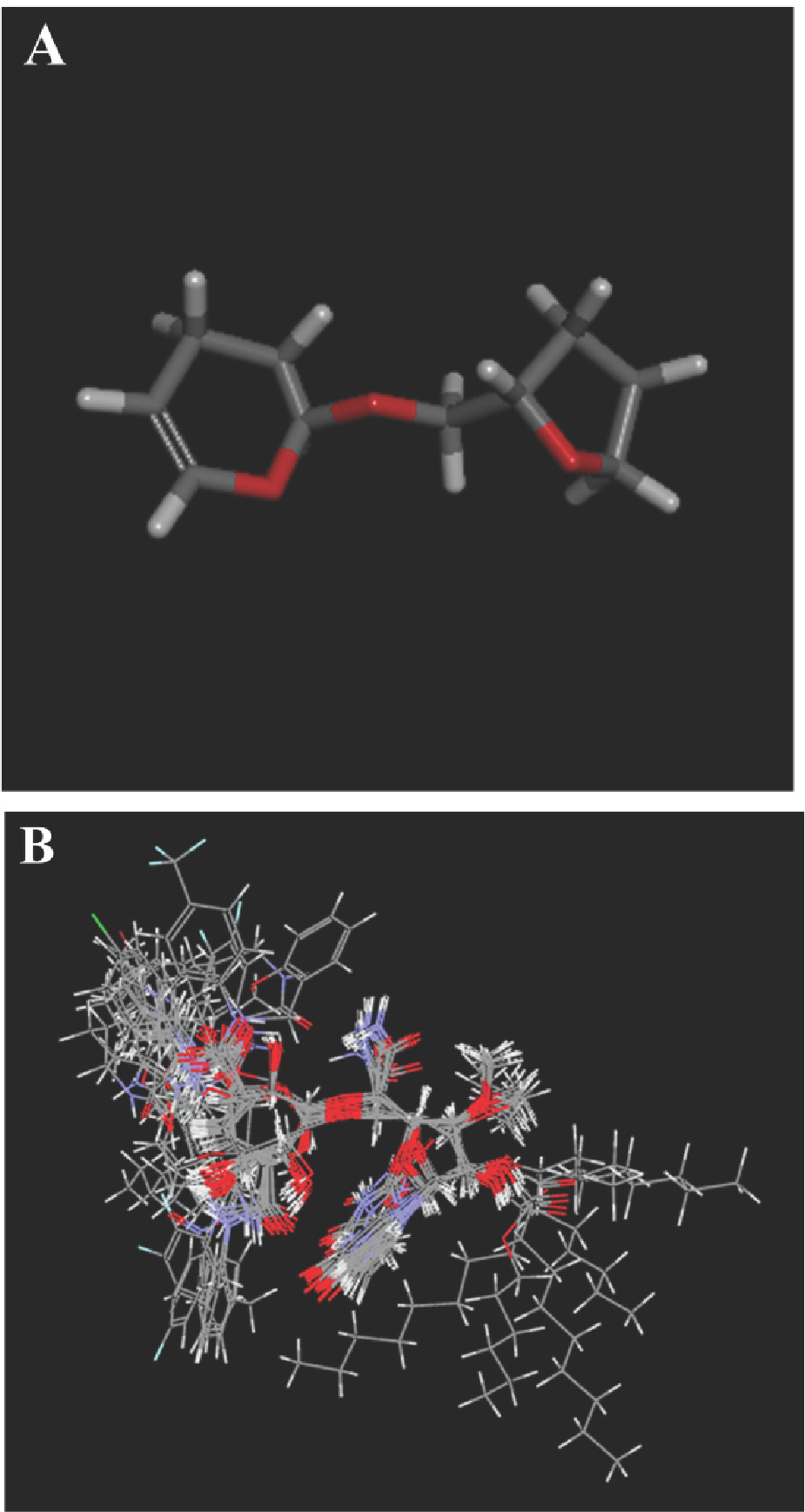 Figure 2 (A) Common scaffold used for alignment. (B) Structural alignment of the training set derivatives.