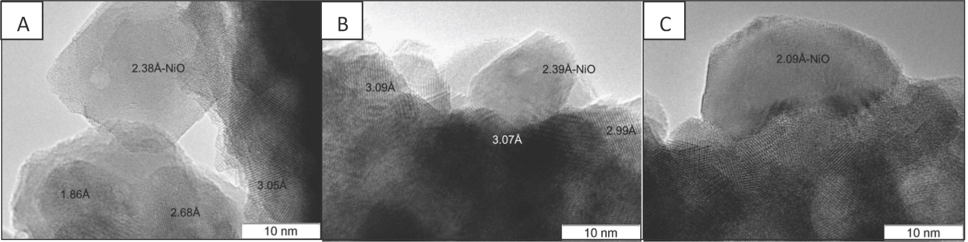Figure 4 TEM images of calcined under air Ni/Ce-Zr catalysts: A - Ni/B1, B - Ni/Ch, C - Ni/B2.