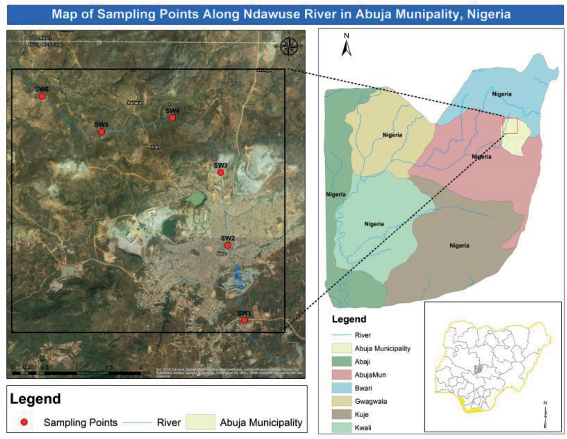 Figure 1 Map showing the sampling points along Ndawuse River in Abuja, the Federal Capital Territory (FCT), Nigeria.