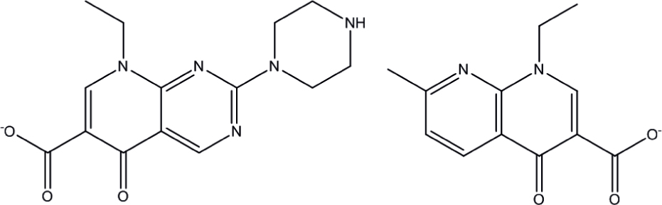 Figure 1 Chemical structures of anions of pipemidic acid (left) and nalidixic acid (right).