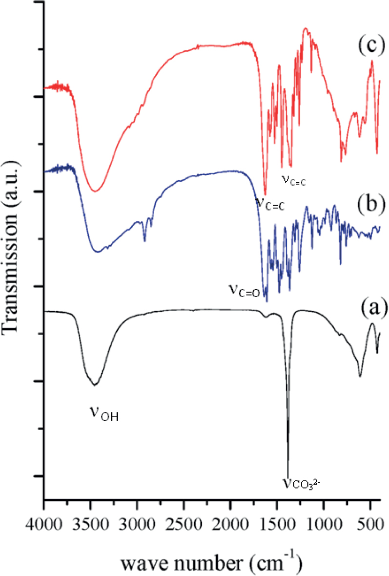 Figure 3 FTIR spectra of LDH-CO3: (a) free of organic biocide, (b) containing pipemidic acid, and (c) containing nalidixic acid.