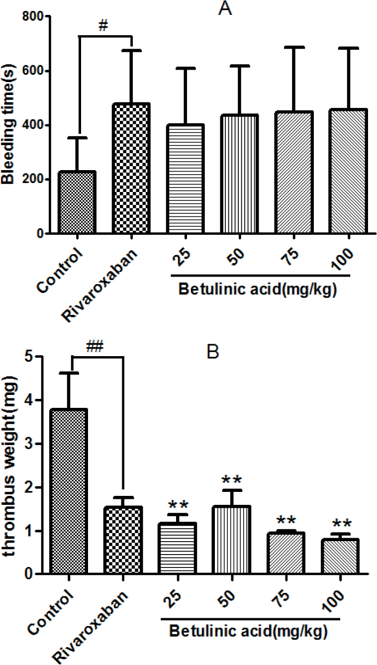 Figure 4 Effects of betulinic acid on bleeding time (A) and thrombosis of IVC (B).Values are mean±SEM ( n=6), compared with control group ** P< 0.01, # P< 0.05.
